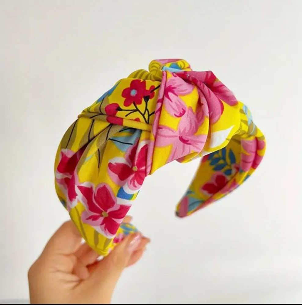 Wide Headband Floral Yellow and Pink Top Knot Fabric NEW